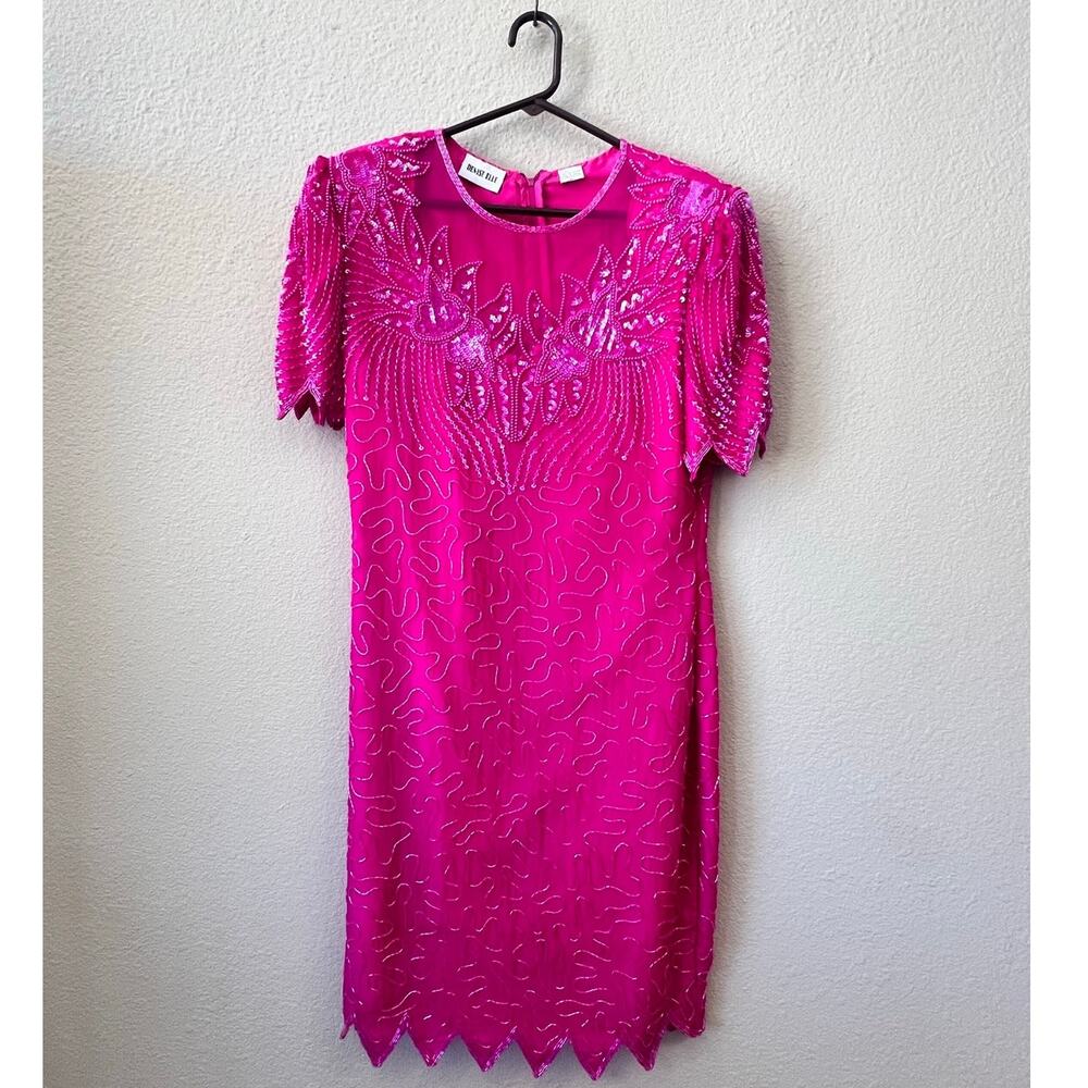 Vintage 80s denise elle pink beaded formal dress size medium.